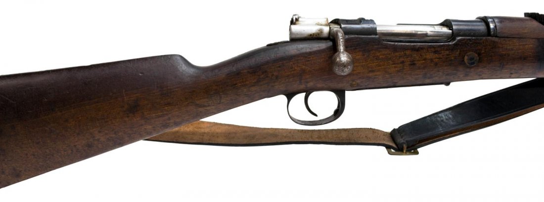 SPANISH MAUSER SHORT RIFLE, MODEL 1916: Spain Mauser short rifle Model 1916, 7.62mm, bolt action, 21.5" barrel, adjustable rear sight, leather sling, markings include Samco import information, SN 24XXX *REQUIRES FFL TRANSFER* *Note: Caliber