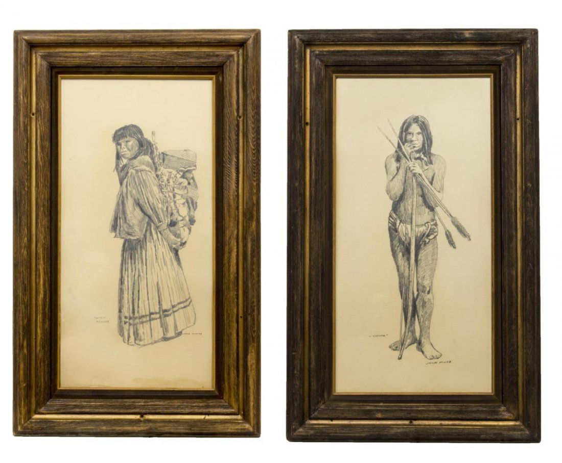 (2) JACK WHITE, SOUTHWEST INDIANS, PRINTS: (lot of 2) Framed prints of charcoal drawings, Southwest Indians, signed at lower right, Jack White (Texas, b. 1933), comprising; (1) "Cocopa", (1) "Tonto - Apache", holes to frame sidings for hanging