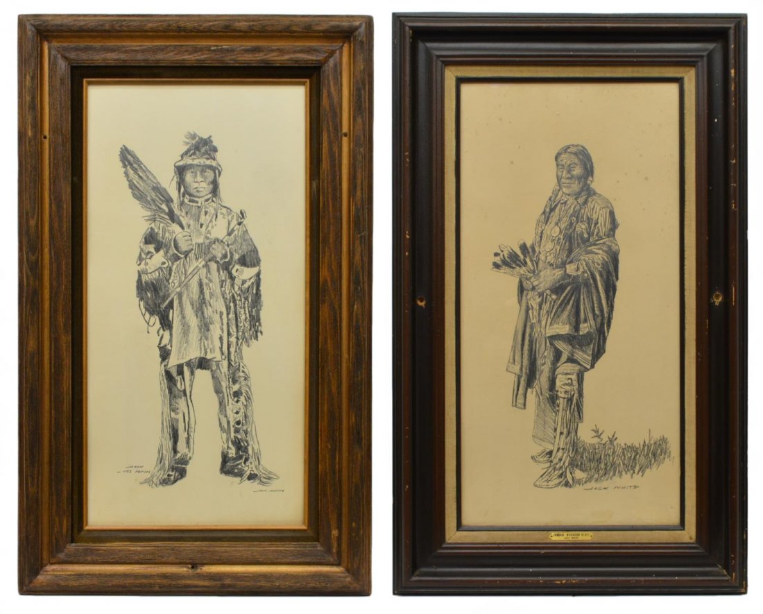 (2) JACK WHITE (TEXAS, B 1933) INDIAN PRINTS: (lot of 2) Framed prints of charcoal drawings, Native Men - I, signed at lower center, Jack White (Texas, b.1933), comprising; (1) "Indian Warrior (C.R.), (1) "Jason - Nez Perces", holes to frame sidi