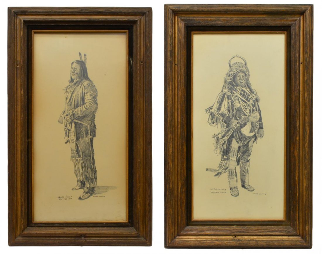(2) JACK WHITE, (TEXAS, B.1933), INDIAN PRINTS: (lot of 2) Framed prints of charcoal drawings, Native Men - II, signed at lower right, Jack White (Texas, b. 1933), comprising; (1) "Qqlala Sioux - Spotted Owl", (1) "Shet-a-mo-on-e Yakima Chief", hol