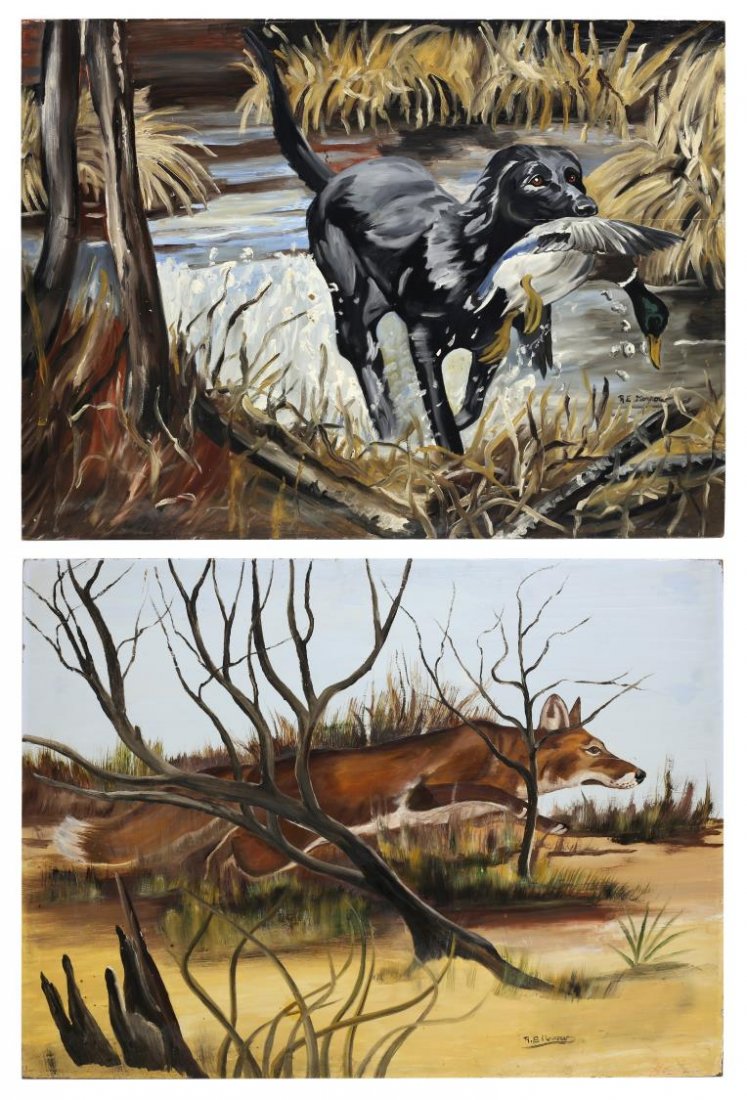 (2) R.E. MORROW, THE HUNT AND THE RUN, 36" x 48"3: (lot of 2) Unframed paintings on masonite of a dog and fox, The Hunt and The Run, signed at lower right, R.E. Morrow, each approx sight: 36"h, 48"h Provenance: Ronald McDonald Charities of Central Tex