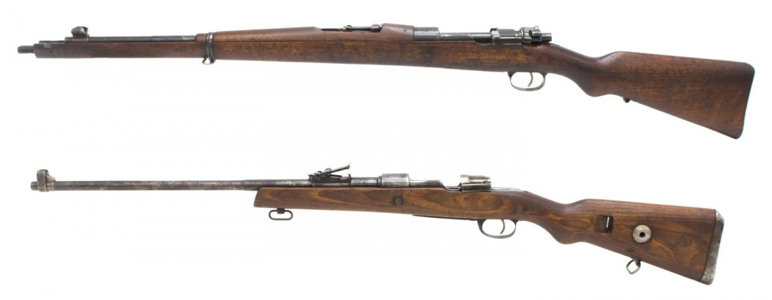 (2) PARAGUAY 1927, CHILEAN 1935 MAUSER RIFLES: (lot of 2) Mauser rifles: (1) Chilean Model 1935 "Carbinero's" carbine, 7mm, bolt action, 21.5" barrel, adjustable rear sight, cleaning rod, markings include "Chile, crossed rifles, Orden Y Patria, Mo