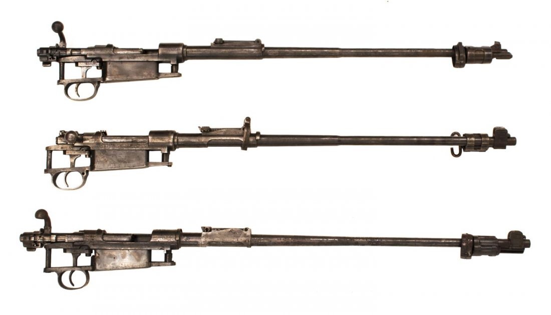 (3) MAUSER RECEIVERS & BARRELS KARAB 98b, 98AZ: (lot of 3) German military barreled receivers: (1) Karab 98B, 23" barrel, turned bolt, adjustable rear sight, two barrel bands, one with bayonet mount, markings include "Karab 98B at left rail, markin