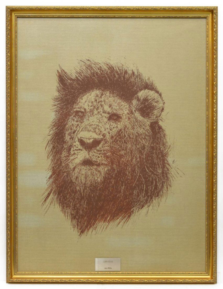JACK WHITE (TEXAS, B. 1933), LION HEAD, 39" x 29": Framed print of a drawing, Lion Head, plaque at lower center, Jack White (Texas, b. 1933), approx sight: 39.5"h, 29.5"w, overall: 43"h, 33"w, 19.5lbs Provenance: Ronald McDonald Charities of Central T
