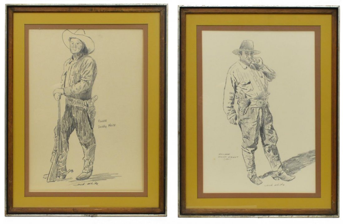 (4) JACK WHITE (TEXAS, B. 1933), THE RANGERS: (lot of 4) Framed prints of figural drawings, The Rangers, signed at various areas, Jack White (Texas, b. 1933), comprising; (1) "Ranger Duddly White", (1) "Ranger Miliam Wright (1911)", (1) "Ranger F