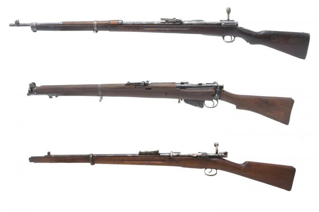 (3) ENFIELD NO. 3, JAPANESE TYPE 38, MAUSER RIFLES: (lot of 3) Military rifles: (1) Japanese Arisaka Type 38 rifle, 6.5mm, 31.5" barrel, adjustable rear sight need spring, upper handhold incorrect or incorrectly seated, bold assembly not complete, Japa