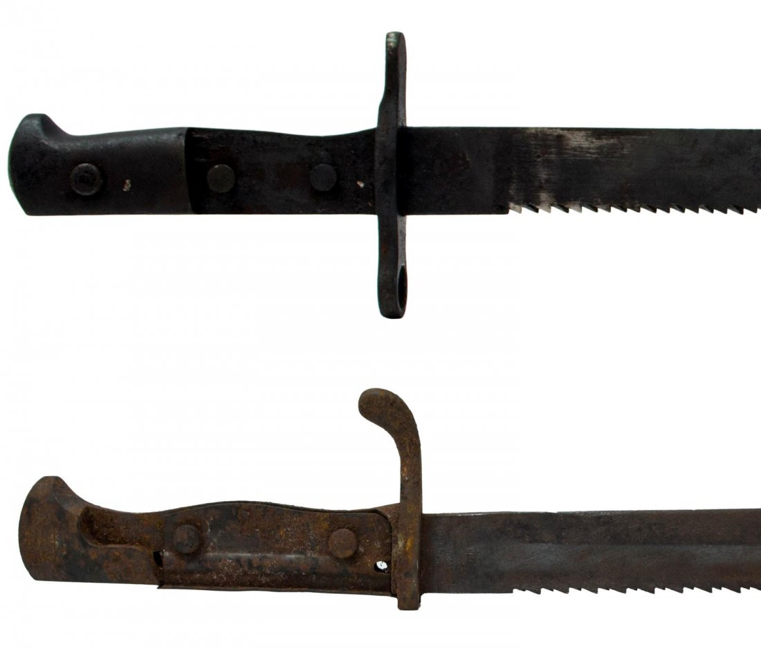 (2) MILITARY SAW BACK BAYONETS, SWISS & GERMAN: (lot of 2) Saw back military bayonets, also known as butcher bayonets both lacking wood on handle, one with rust; (1) Swiss Model 1914 dated 1930, HSC and Swiss cross marks, blade: 18.75"l, overall: 2