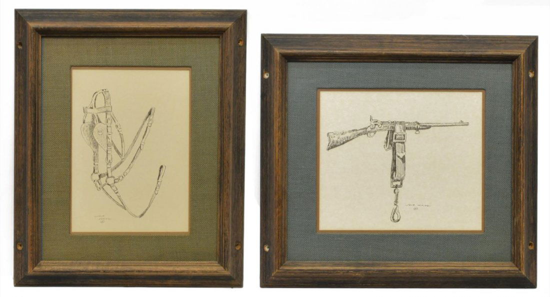 (2) JACK WHITE (TEXAS, B. 1933), BRIDLE & RIFLE: (lot of 2) Framed prints, Bridle and Rifle, signed lower center and left, Jack White (Texas, b. 1933), holes to frame sidings for hanging, largest approx sight: 11.75"h, 13.75"w, overall: 22"h, 24"w,
