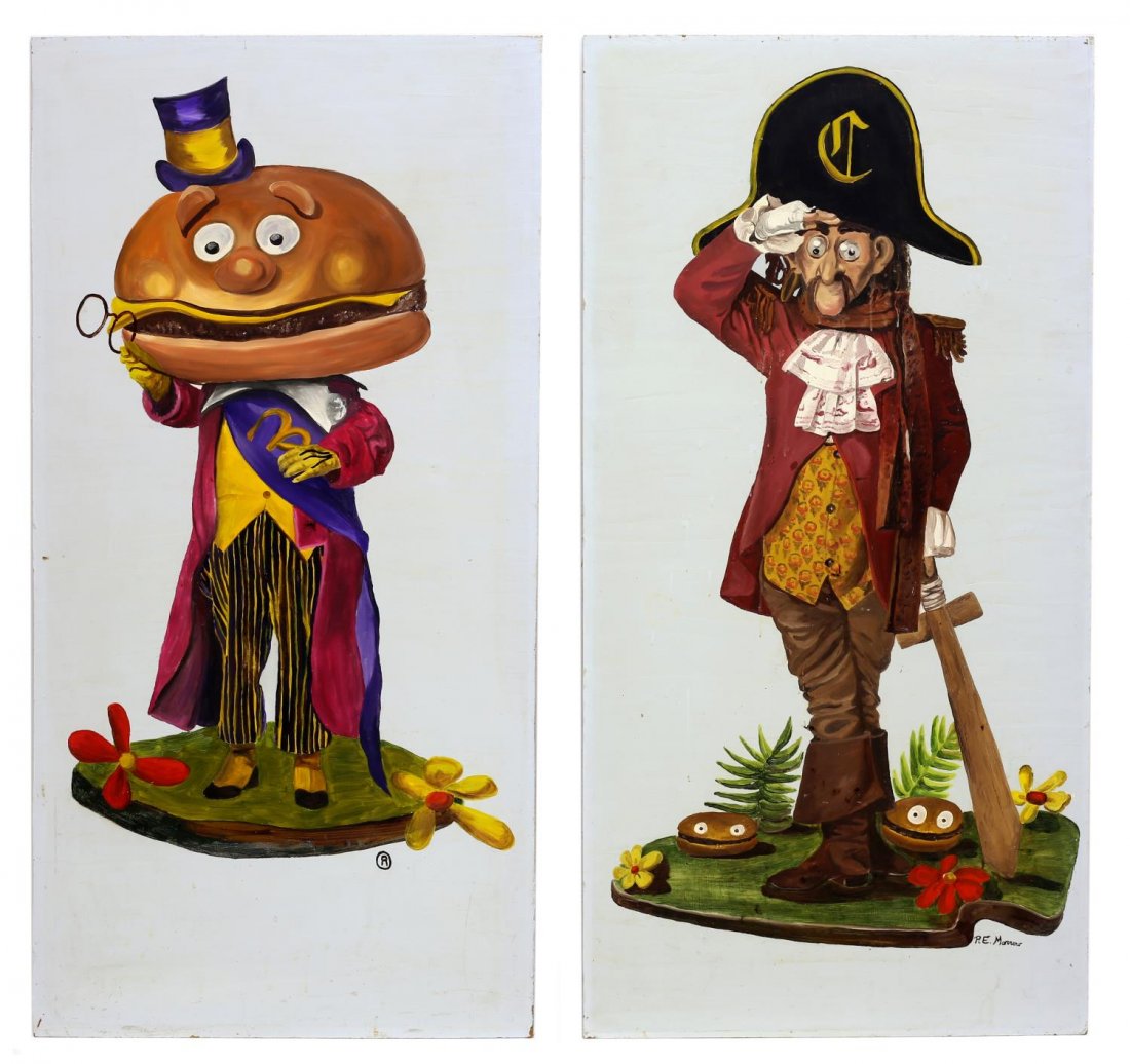 (2) R.E. MORROW, MAYOR MCCHEESE & CAPTAIN CROOK: (lot of 2) Unframed vintage paintings on masonite, Mayor McCheese and Captain Crook (The Captain, post 1984), signed at lower right, R.E. Morrow, surface wear and staining, approx sight: 48"h, 24"w Pr