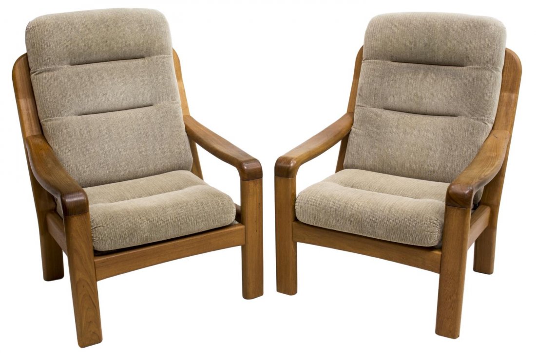 (2) DANISH MODERN TEAK LOUNGE CHAIRS: (lot of 2) Danish modern teakwood framed arm chairs having removable cushions, wide arms and wide squared supports, 38"h, 31.5"w, 31'd *Note: Matching sofa in the auction. Start Price: $150.00