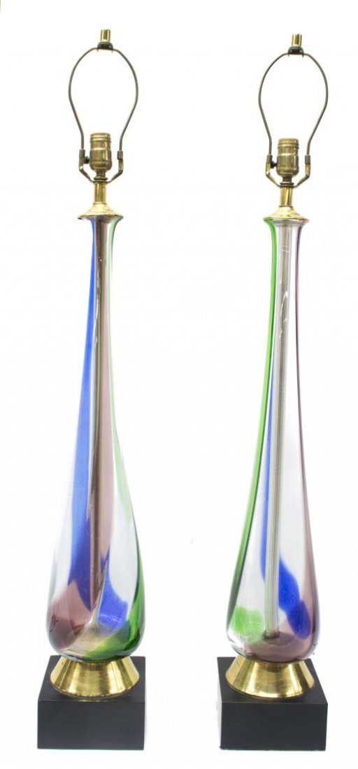 (PAIR) MURANO ART GLASS TABLE LAMPS, ITALIAN 20THC: (pair) Murano art glass table lamps, Italy, 20th c., each having a single light over the tapered colored and clear glass central standard, brass foot, rising on square wooden base, 35.5"h, 17.5lbs Sta