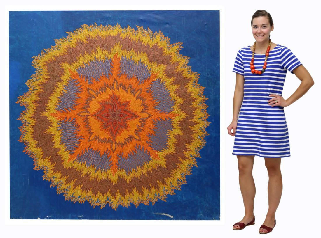 WILLIAM KIRCHNER ABORIGINAL STYLE SUNBURST PAINTNG: Unframed acrylic on stretched canvas, pointillist dot Aboriginal style painting, Orange Sunburst on Blue Ground, c. 1971, unsigned, (William Kirchner, American 20th/21st c.), minor paint loss, puckeri