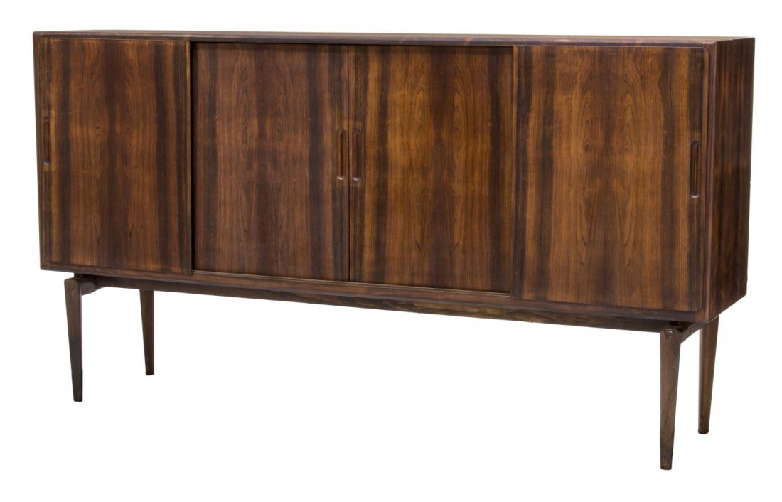DANISH MID-CENTURY MODERN SIDEBOARD: Danish mid-century modern rosewood sideboard, c. 1950's, the rectangular case fitted with four sliding panel doors concealing a blonde teakwood interior of adjustable shelving and shallow open drawers
