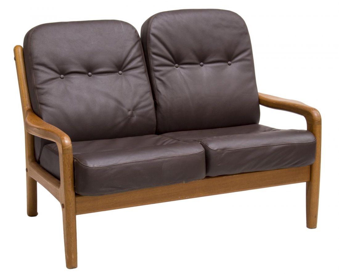 DANISH MID CENTURY MODERN TEAK OPEN ARM SOFA: Danish mid-century modern teak open arm two seater sofa, having a slat back over flat armrests, rising on straight legs, lacking cushions, 31"h, 50"w, 26"d Start Price: $150.00