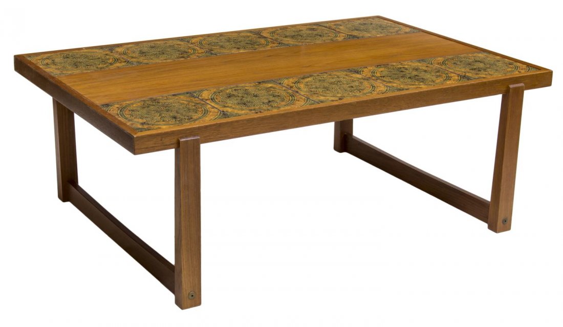 DANISH MID-CENTURY MODERN TILE TOP COFFEE TABLE: Danish mid-century modern coffee table, 1960s, the glazed tiles set in teak frame, rising on flat legs with joined support, light surface wear to top and one small chip to wood at border, 19"h, 51.5"w