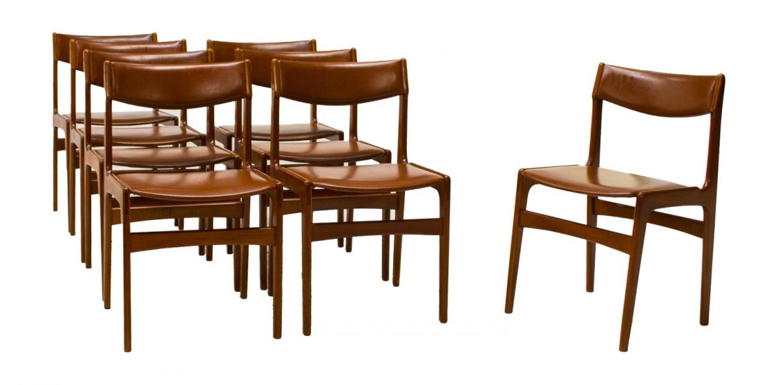 (8) DANISH MID CENTURY MODERN TEAK DINING CHAIRS: (lot of 8) Danish mid-century modern teakwood dining chairs, c. 1960, each with padded backrest and seat cushion, rising on tapered legs, finished in brown vinyl upholstery, 31"h, 19"w, 16.5"d Start P