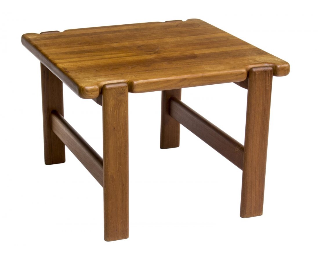 DANISH MODERN TEAKWOOD SOFA TABLE 1960: Danish mid-century modern teakwood sofa table, c. 1960, having a square top over flat legs with joined support, 20"h, 27.5"w, 27.5"d Start Price: $60.00