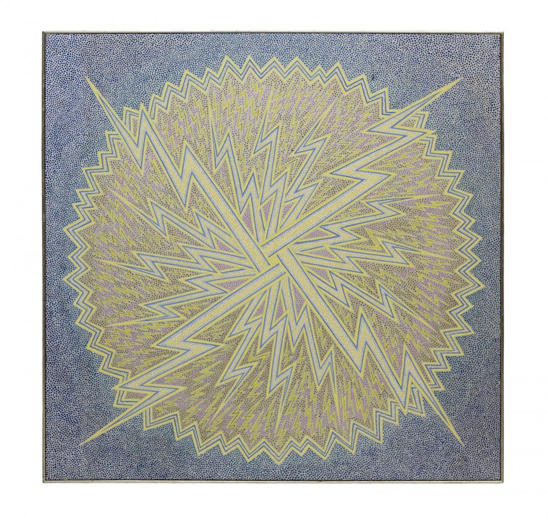 WILLIAM KIRCHNER ABORIGINAL STYLE ABSTRCT PAINTING: Framed acrylic on canvas, pointillist dot Aboriginal style painting, "Uranus" (Yellow Sunburst), 1971, signed and dated verso W. Kirchner (William Kirchner, American 20th/21st c.), small puncture to c