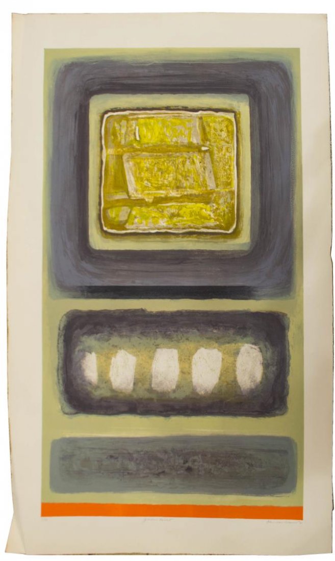 UNFRAMED MODERN LITHOGRAPH, BY CLINTON ADAMS: Unframed lithograph on paper, "Golden Tablet", 1961, by Clinton Adams (American 1918-2002), creases to lower corners, toning, overall: 30"h, 22.5"w, 1lbs Start Price: $80.00