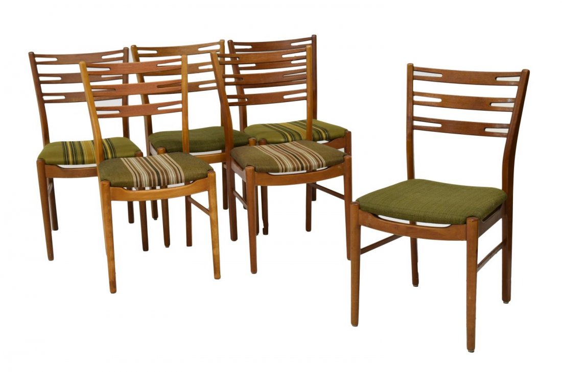 (6) DANISH MID-CENTURY MODERN TEAKWOOD SIDE CHAIRS: (lot of 6) Danish mid-century modern matched teakwood dining chairs, c. 1960, shaped back slats over cushioned seat, rising on tapered legs, staining to some upholstery, 34"h, 17.5"w, 17"d Start Price