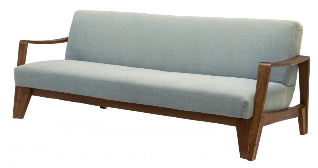 DANISH MID-CENTURY MODERN SLEEPER SOFA: Danish mid-century modern sleeper sofa, c. 1950's, an upholstered seat and back on wood frame base rising on tapered squared legs, wear to upholstery, approx 33"h (when fully raised), 79.5"w, 30.25"d 