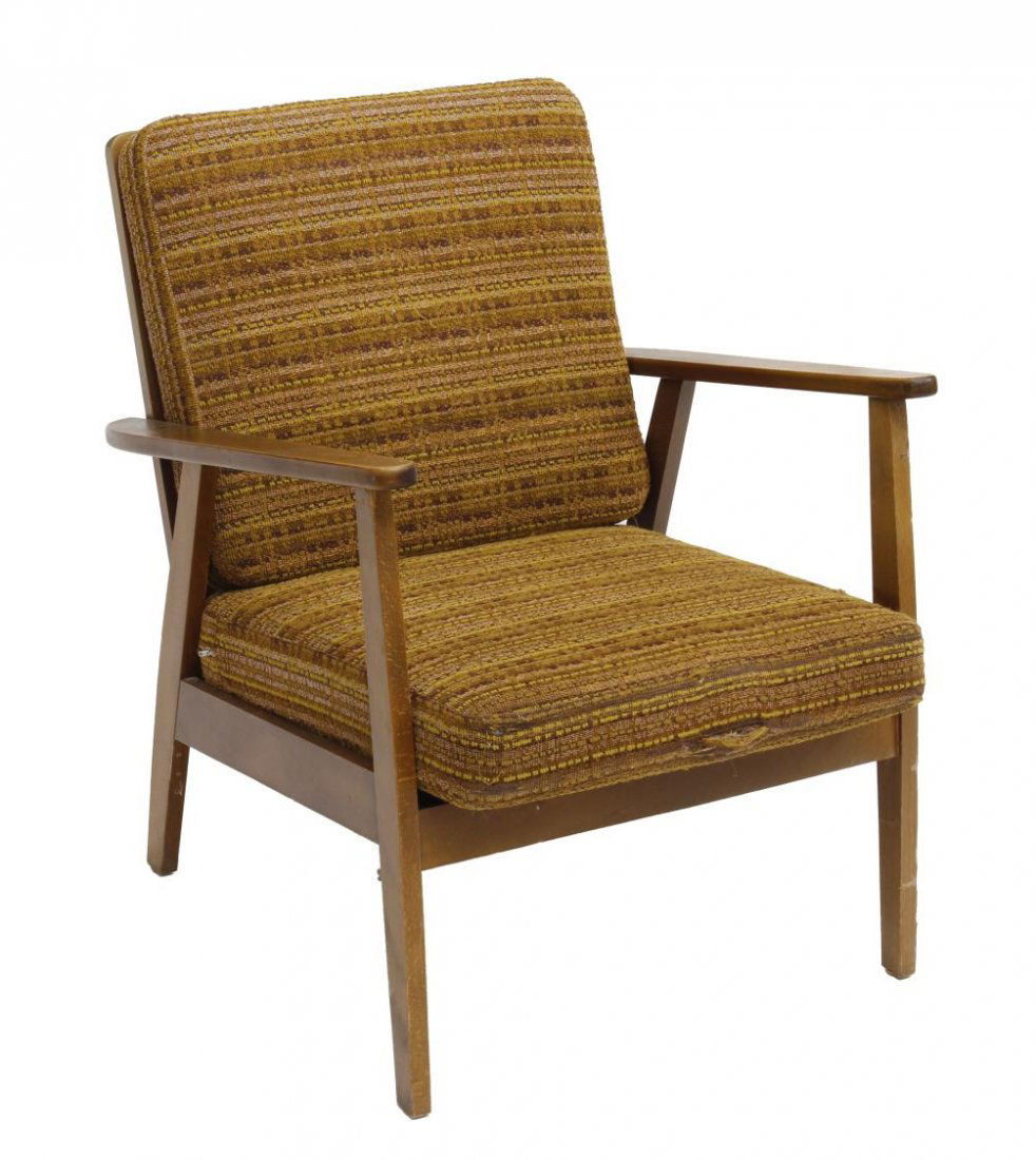 DANISH MID-CENTURY MODERN TEAKWOOD LOUNGE CHAIR: Danish mid-century modern teakwood lounge chair, c. 1950's, gold colored upholstery, removable cushions, straight legs, tear to upholstered loose cushion seat, approx 29"h, 24"w, 29"d Start Price: $10