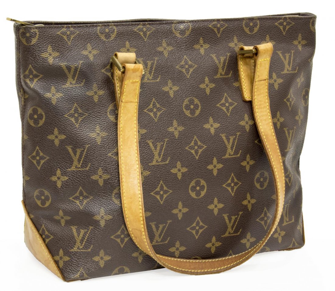 LOUIS VUITTON 'CABAS PIANO' MONOGRAM SHOULDER BAG: Louis Vuitton "Cabas Piano" shoulder bag in monogram canvas, leather handles and trim, gold tone hardware, zipper top opening to a brown canvas interior with a zipper slip pocket, cell phone slot and 