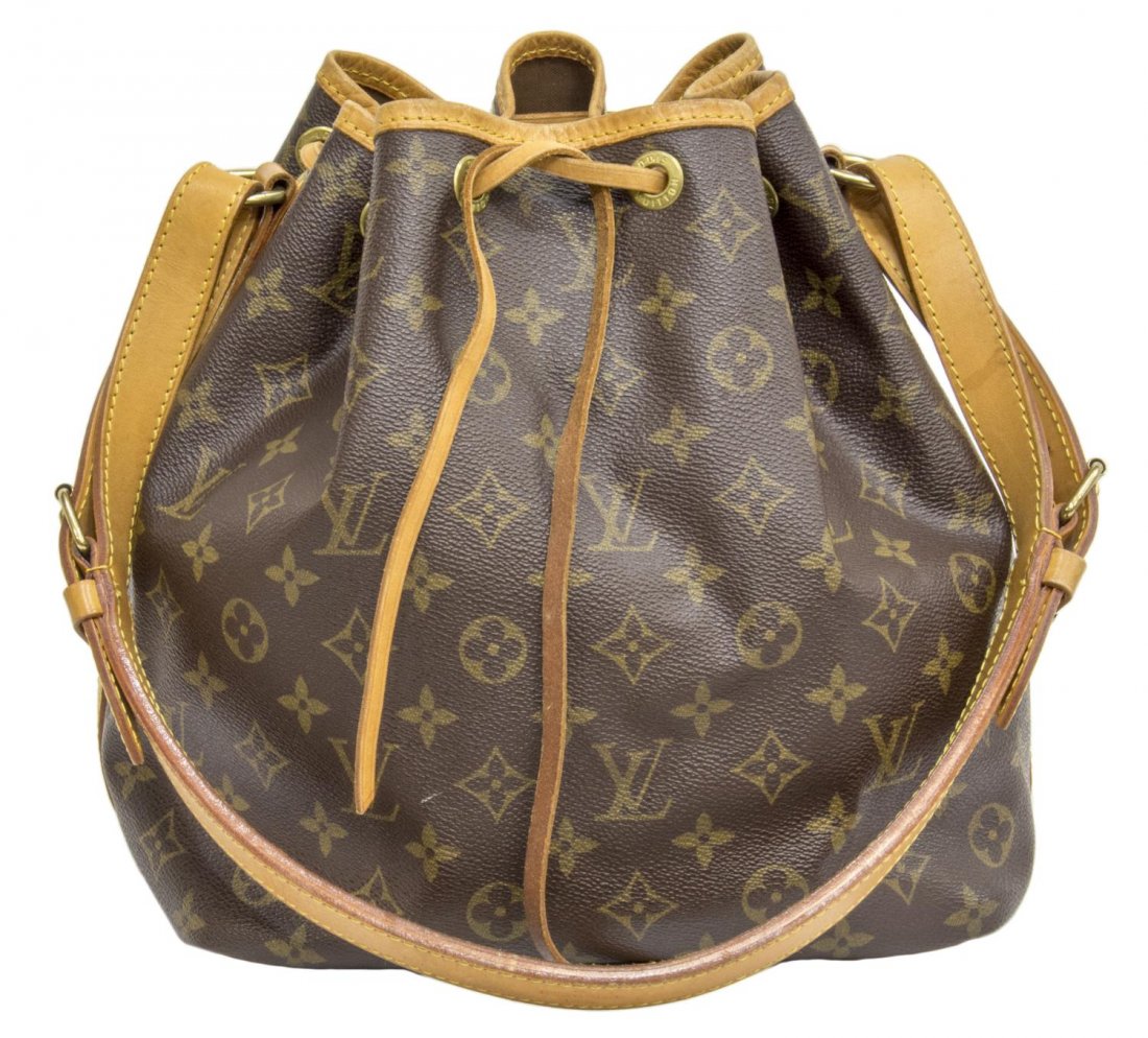 LOUIS VUITTON 'NOE PM' MONOGRAM CANVAS BUCKET BAG: Louis Vuitton "Noe PM" drawstring bucket bag in monogram canvas, adjustable leather should strap and trim, gold tone hardware, drawstring top opening to brown canvas interior and key tab, patination a
