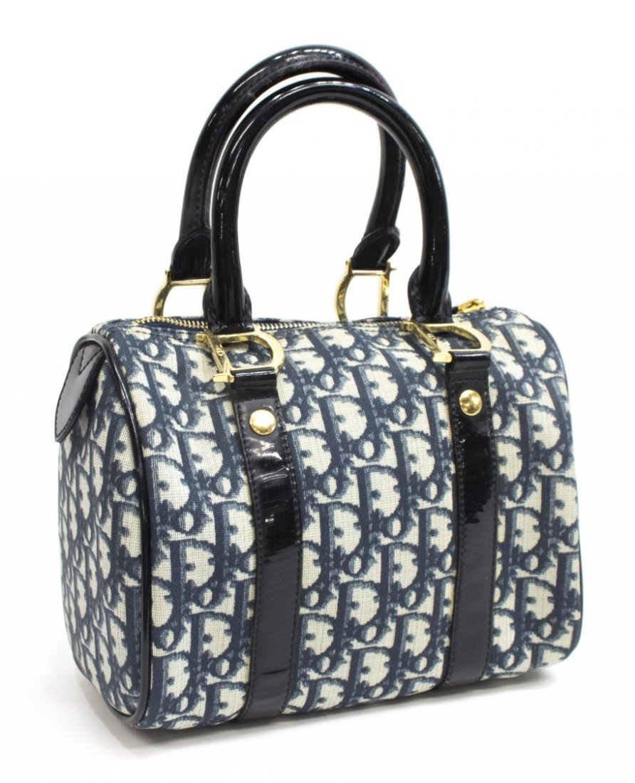 DIOR 'MINI BOSTON' BLUE MONOGRAM CANVAS HANDBAG: Christian Dior "Mini Boston" handbag in blue monogram canvas, having gold tone hardware, patent leather trim, zipper top opening to interior with zipper pocket, retaining lock and keys, wear and creas