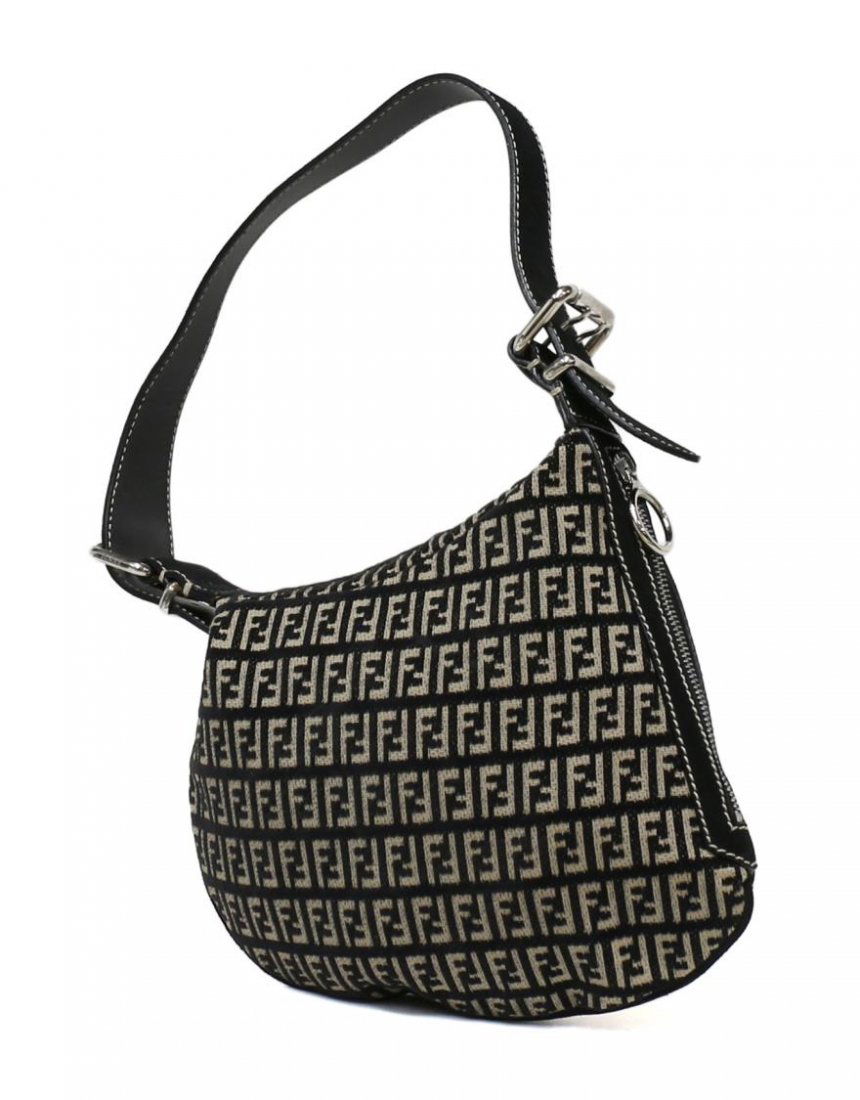 FENDI MONOGRAM & LEATHER DOUBLE POUCH HANDBAG: Fendi shoulder bag in beige and black monogrammed canvas with black leather shoulder strap and silver tone hardware, top and size zip entry leading to two lined interior pouches, accompanied by dust b