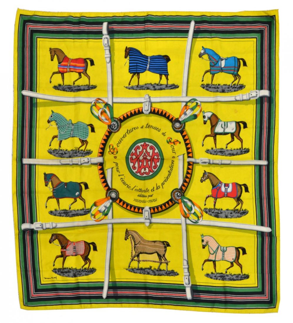 HERMES 'COUVERTURES ET TENUES DE JOUR' SILK SCARF: Hermes "Couvertures et Tenues de Jour" silk twill square scarf, having a green, black and red striped border around a pattern of horses in presentation caparisons, originally designed by Jacques Eudel