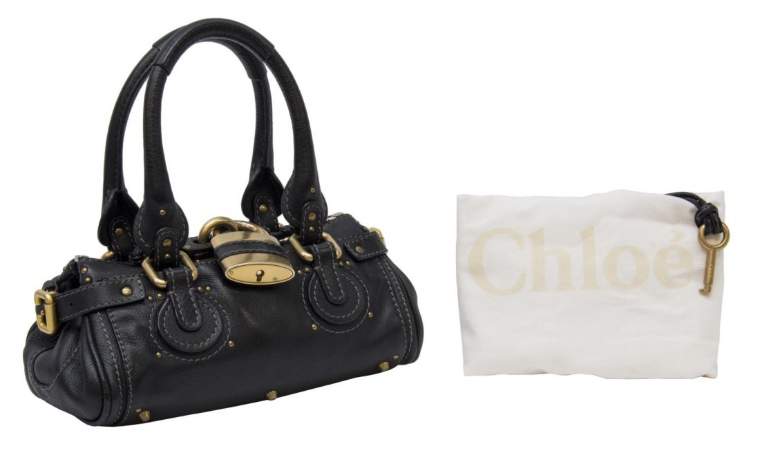 CHLOE 'PADDINGTON PM' BLACK LEATHER SHOULDER BAG: Chloe "Paddington PM" handbag in black grained leather, leather handles, trim and piping, gold and silver tone hardware, two exterior slot pockets, dual zipper top opens to a black fabric interior fea