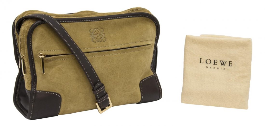 LOEWE SUEDE & BROWN LEATHER SHOULDER BAG: Loewe shoulder bag in beige suede and brown leather, gold tone hardware, exterior full length zipper slot, zippered double opening to a beige leather and suede interior, dust bag included, patination,