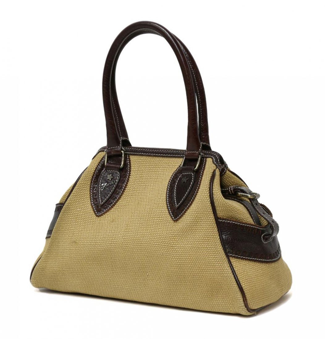FENDI BEIGE CANVAS & BROWN LEATHER LADIES HANDBAG: Fendi canvas purse having brown leather trim, four small star accents at handles, lined interior with zip pocket, some small staining to body, bag: approx 9"h, 13"w, .50lb *Provenance: Luxury goods of