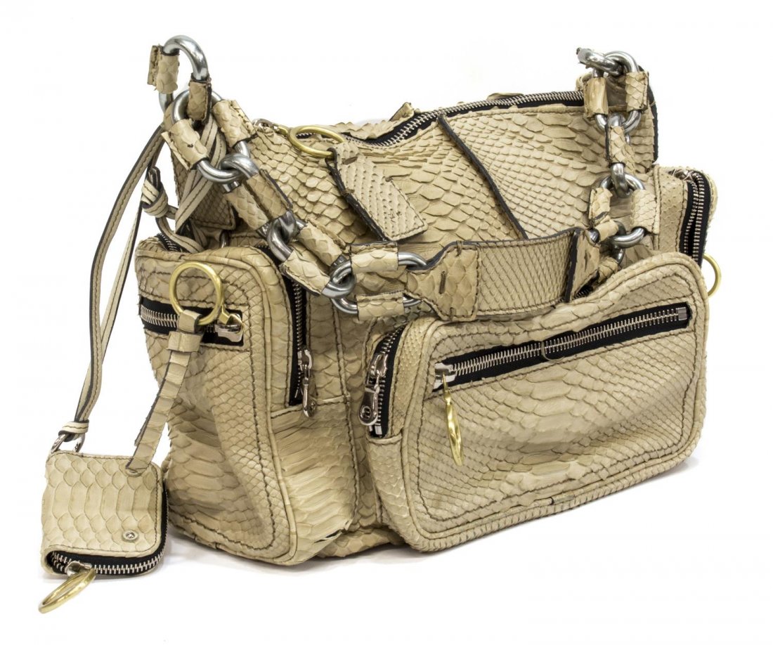 CHLOE 'BETTY' PYTHON LEATHER SHOULDER BAG: Louis Vuitton "Alma" monogram canvas handbag, leather handles and trim, gold tone hardware, dual zipper opening to a brown canvas interior with slip pocket, patination, creasing and spotting, bag appr