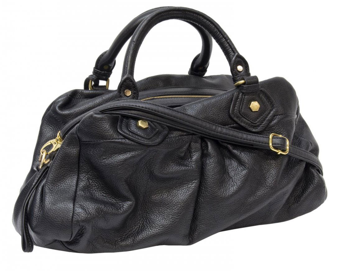 MARC JACOBS BLACK GRAINED LEATHER PURSE: Marc by Marc Jacobs black grained leather handbag with two leather handles, shoulder strap and trim, gold tone hardware, embossed gold tone tag, zipper top with leather strap opening to a cloth lined