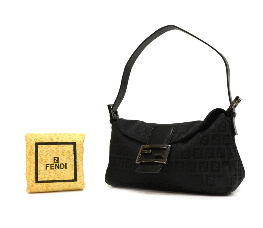 FENDI BLACK MONOGRAM CLOTH & LEATHER PURSE: Fendi monogram black cloth handbag with black leather strap, dark metallic hardware and logo, magnetic clasp, top opens to black cloth lined interior featuring single zip pocket, dust bag, bag: approx