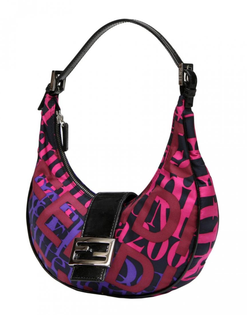 FENDI COLOR CANVAS & PATENT LEATHER SHOULDER BAG: Fendi shoulder bag in black, fuchsia, and purple canvas, black patent leather accents, silver toned hardware, buckle ornamentation with magnetic snap, top zipper opening to black lined interior with s