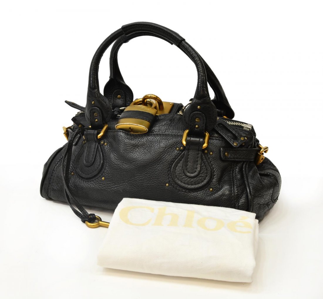 CHLOE PADDINTON BLACK GRAINED LEATHER HANDBAG: Chloe "Paddington" bag in black grained leather with worn gilt metal hardware, top unzips to black cloth lined interior featuring small slot and zipped pockets, on small metal feet, with signature loc