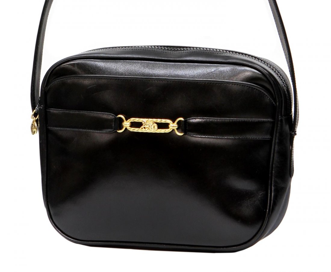 CELINE BLACK LEATHER SHOULDER BAG: Celine black leather shoulder bag with adjustable strap, gold tone hardware, zipper closure, interior side zippered pocket, strap with some wear, slight scratching, bag: approx. 7.5"h, 9.5"w, .5lbs *P
