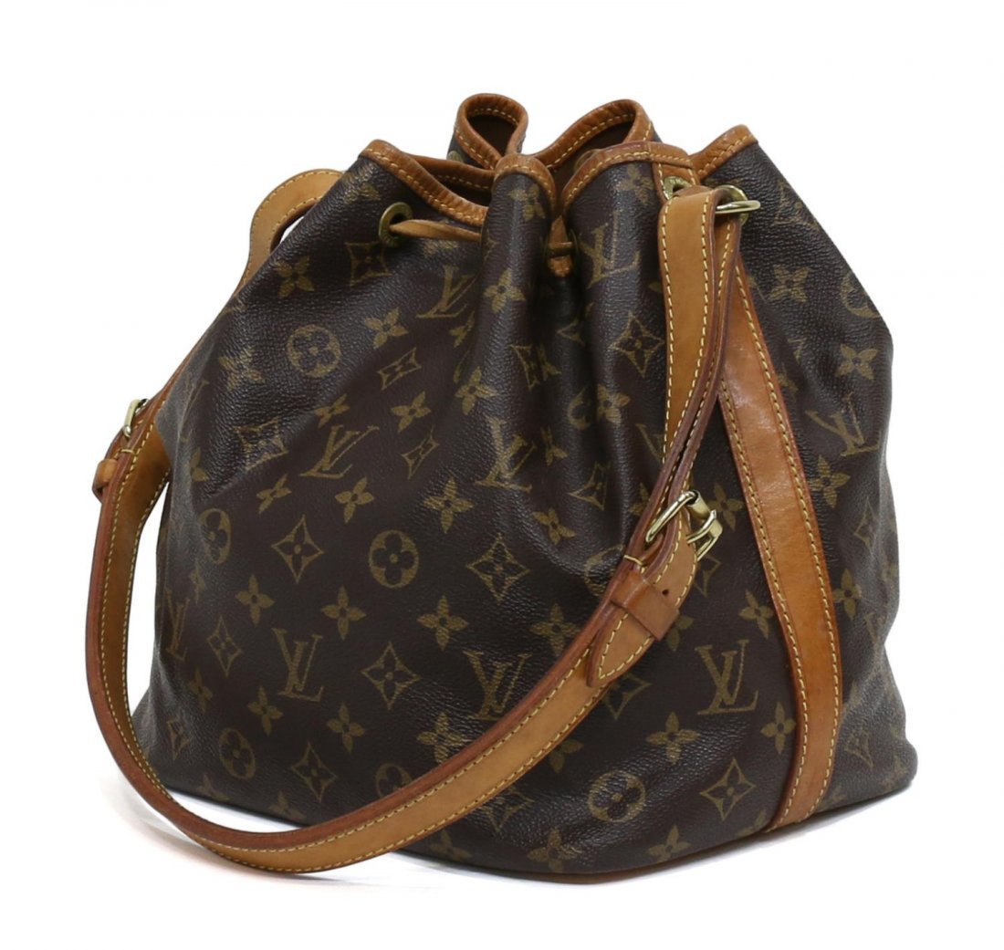 LOUIS VUITTON MONOGRAM PETITE NOE DRAWSTRING BAG: Louis Vuitton "Petit Noe" drawstring bucket tote in monogram canvas and leather trim, long adjustable leather strap, wear to leather, minor marks to interior, bag: approx 9.5"h, 9.25"w, 1lbs *Provenan