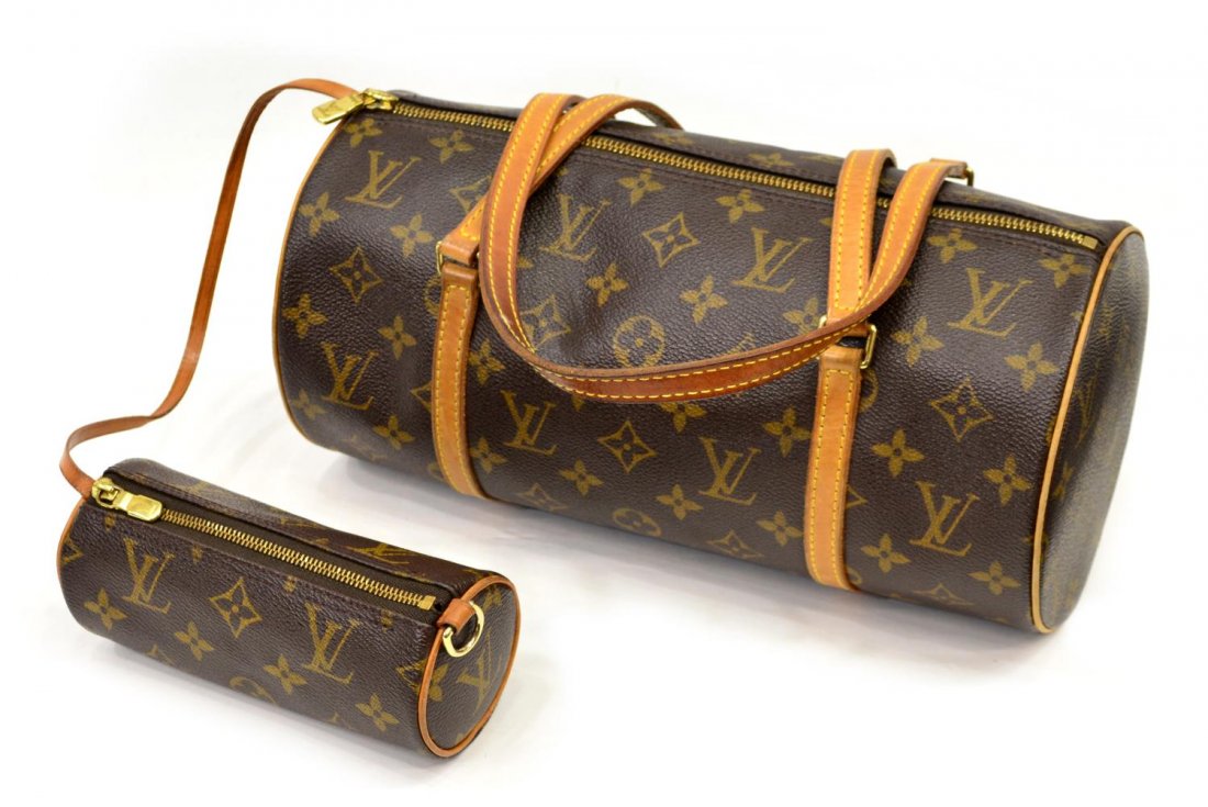 (2) LOUIS VUITTON MONOGRAM PAPILLION POUCH & BAG: (lot of 2) Louis Vuitton handbags in monogram canvas, brown leather trim, comprising: (1) "Papillon" purse, bag: approx 6"h, 12"w, 6"d; (1) "Papillon" pouch, bag: approx 2.5"h, 6"w, 2.5"d; wear to lea
