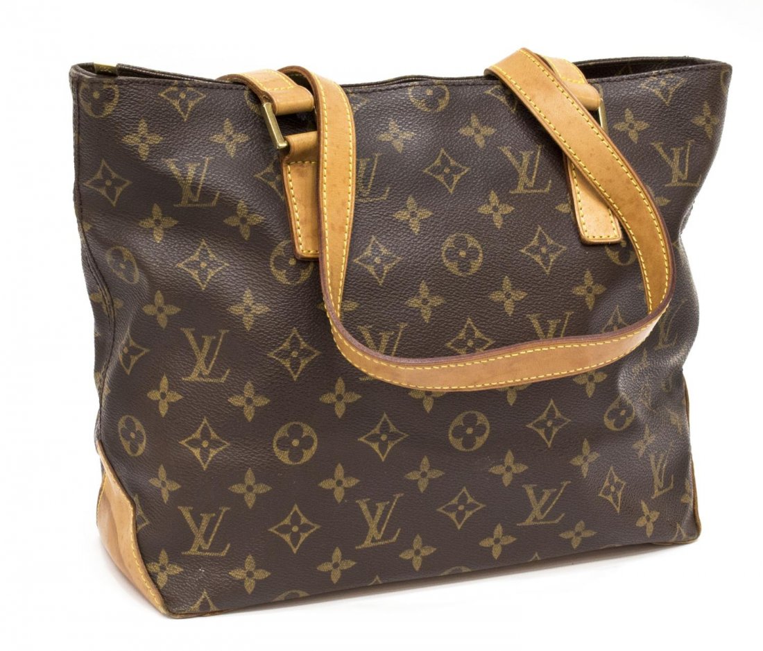 LOUIS VUITTON 'CABAS PIANO' MONOGRAM TOTE BAG: Louis Vuitton monogram canvas "Cabas Piano" shoulder bag, leather handles and trim, zip top brown canvas interior with slotted and cell pockets, small discoloration from water to bottom, patination, s