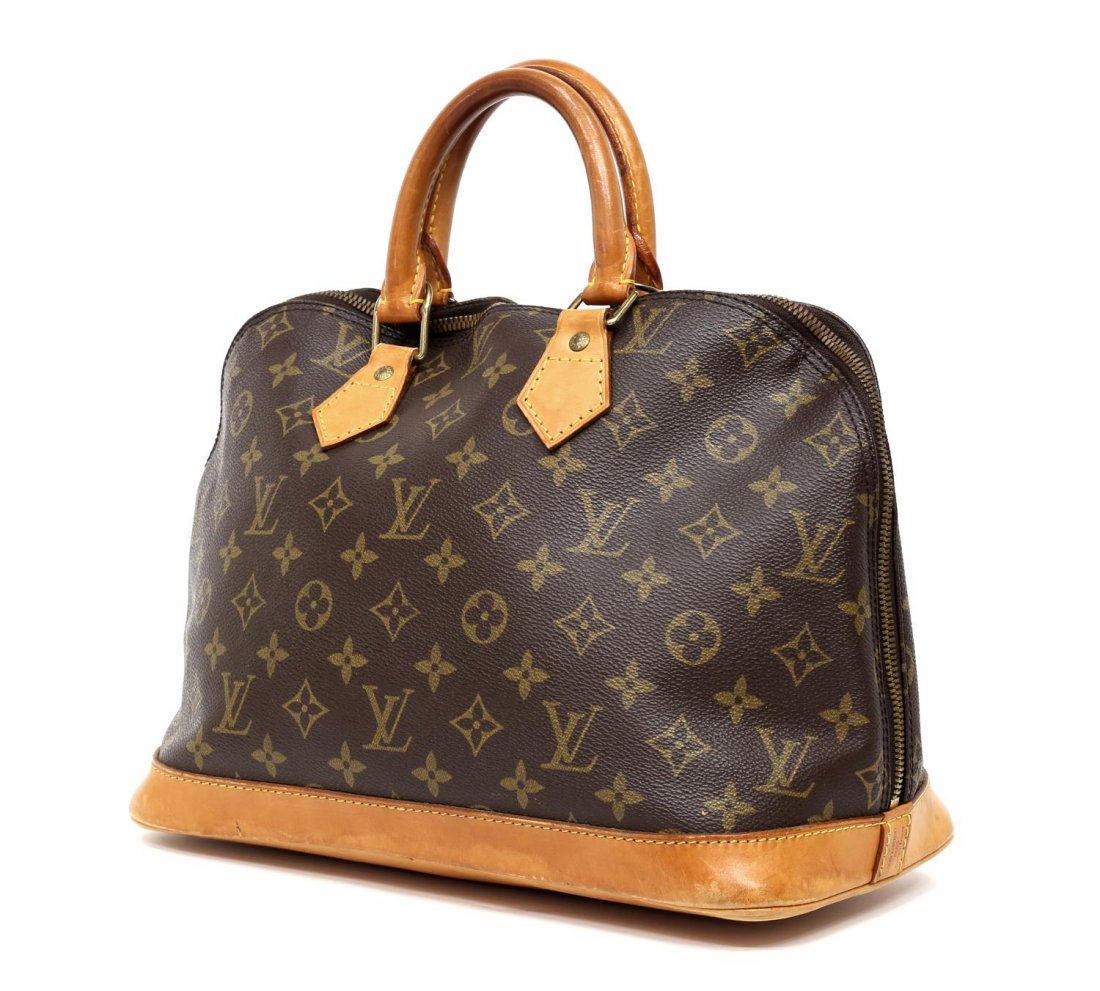 LOUIS VUITTON 'ALMA' MONOGRAM CANVAS HANDBAG: Louis Vuitton "Alma" monogram canvas handbag, leather handles and trim, gold tone hardware, dual zipper opening to a brown canvas interior with slip pocket, LV lock (lacking keys), patination, creasin