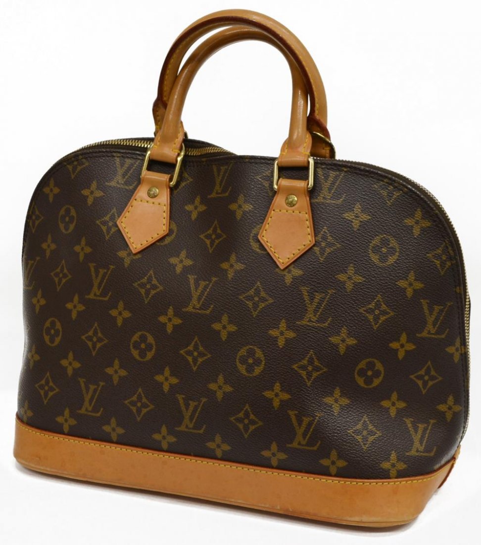 LOUIS VUITTON 'ALMA' MONOGRAM CANVAS HANDBAG: Louis Vuitton "Alma" monogram canvas handbag, leather handles and trim, gold tone hardware, dual zipper opening to a brown canvas with single pocket, accompanied by lock (lacking keys), patination and