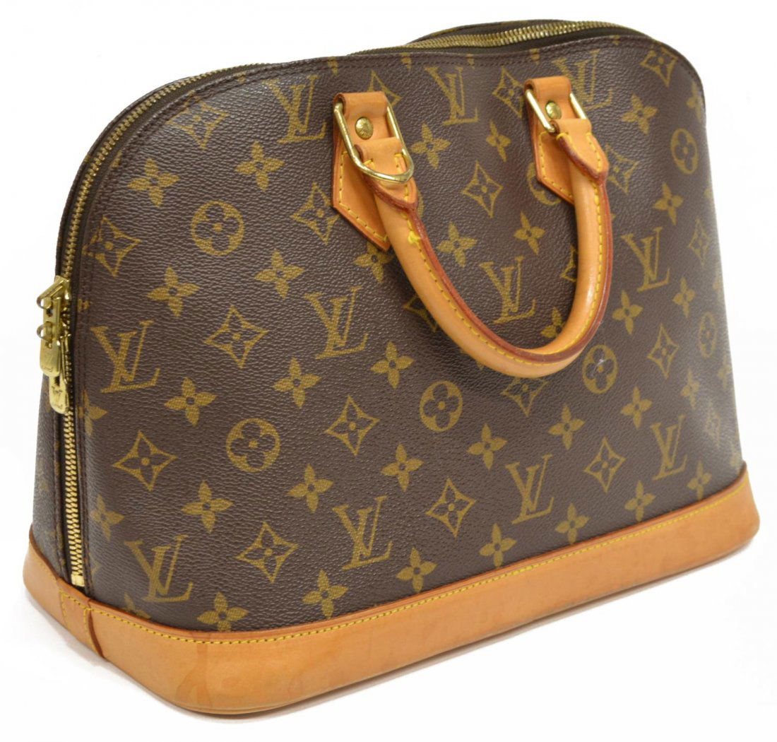 LOUIS VUITTON 'ALMA' MONOGRAM CANVAS HANDBAG: Louis Vuitton "Alma" handbag in monogram canvas, having leather handles and trim, gold tone hardware, dual zipper opening to a canvas lined interior with slip pocket, patination and spotting to leathe