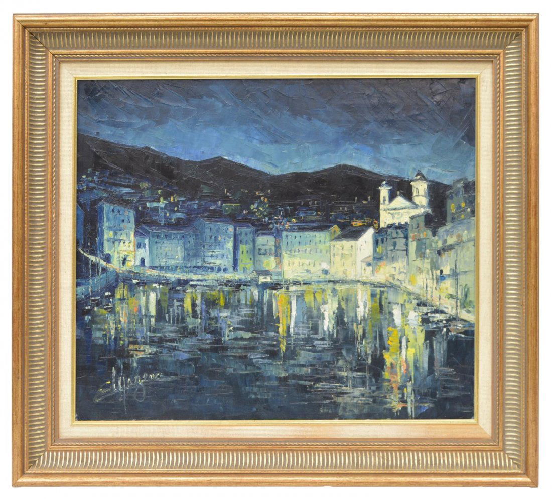 FRAMED PAINTING, PORT AT NIGHT, SIGNED LOWER LEFT (1 of 4)