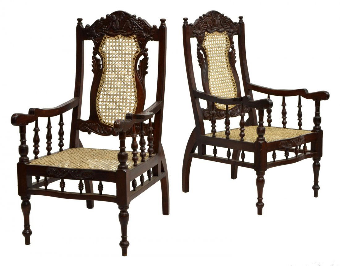 (2) COLONIAL STYLE CARVED & CANED LOUNGE CHAIRS (1 of 3)