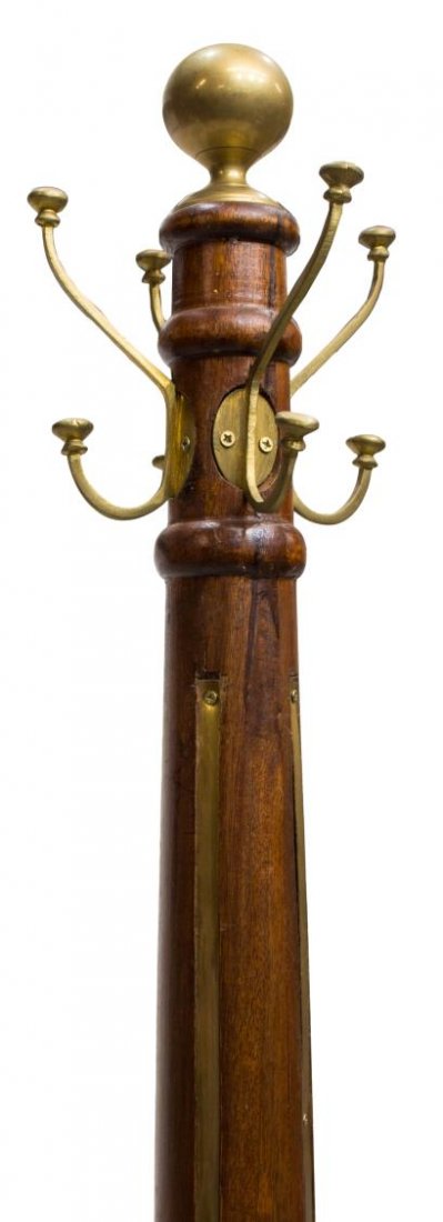 TALL TEAKWOOD & BRASS STANDING COAT/HAT RACK (1 of 3)