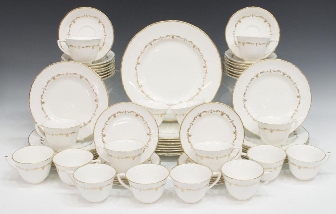(69)ROYAL WORCESTER GILT BONE CHINA DINNER SERVICE: (set of 69) Royal Worcester fine bone china dinnerware, England, "Gold Chantilly" pattern, gilt scroll and flowered verge, scalloped edge, including: (9) dinner plates, 10.75"diam; (16) salad plates,